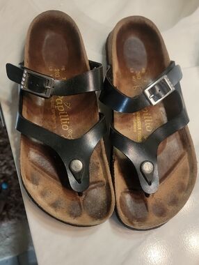 Birkenstock Black Leather Toe-Post Sandals with Silver Buckles Papillio
